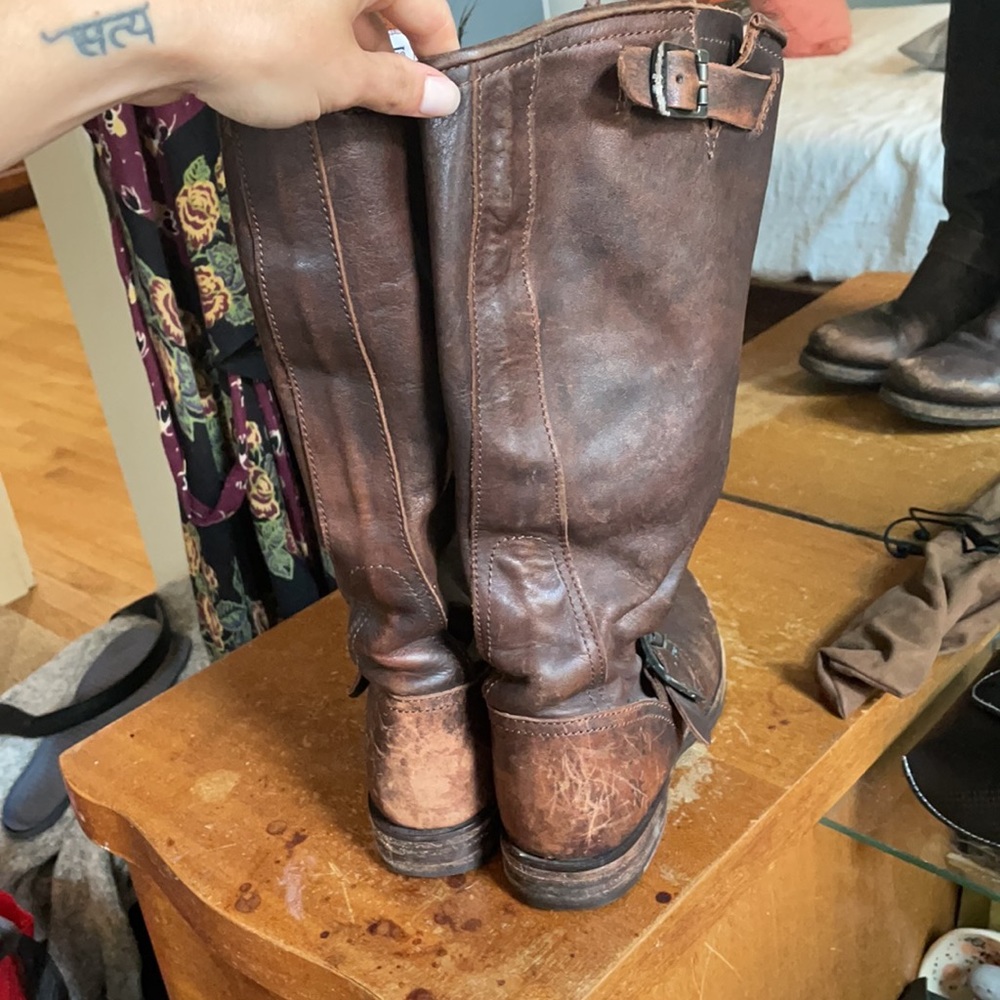 Frye Brown Leather Mid-Calf Combat Moto Boots - Picture 5 of 7